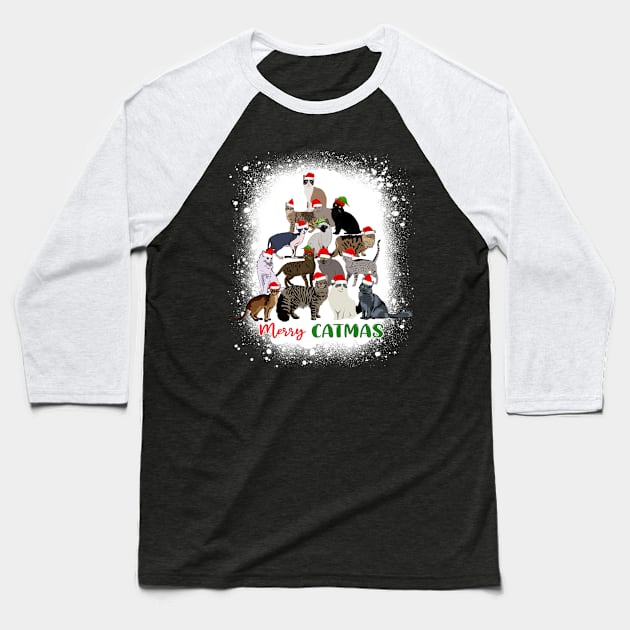 Bleached Merry Catmas Christmas Cat Tree Baseball T-Shirt by Magazine